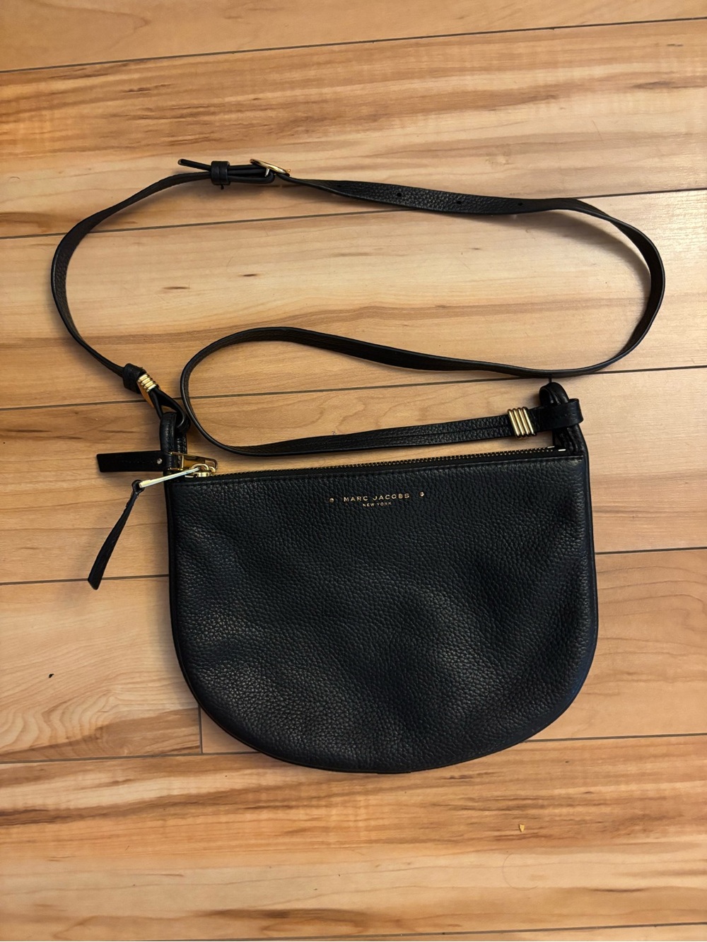 Marc Jacobs Supple Black Pebbled Leather Crescent Crossbody with Gold Accents